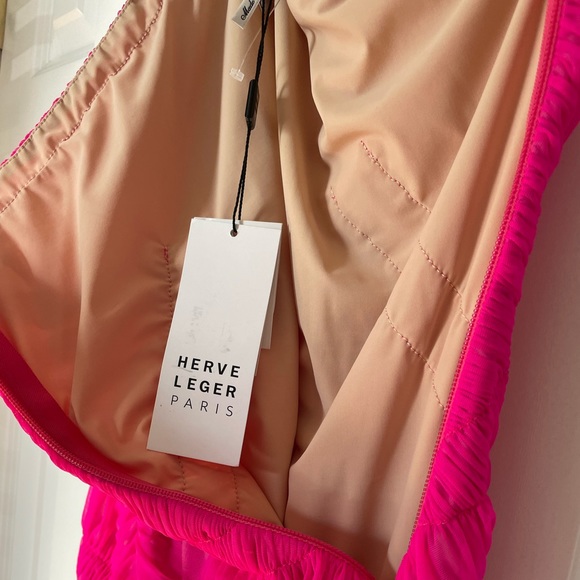 💞NWT HERVE LEGER one-shoulder draped jersey mini dress in neon Pink, size M - Picture 12 of 17
